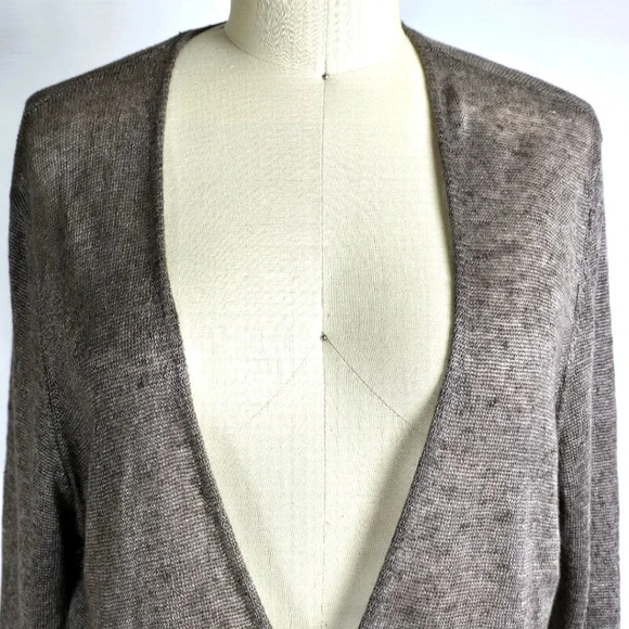 Eileen Fisher 100% Linen Lagenlook Flowy Cardigan Sweater Sharkbite Hem Brown M - Picture 6 of 16